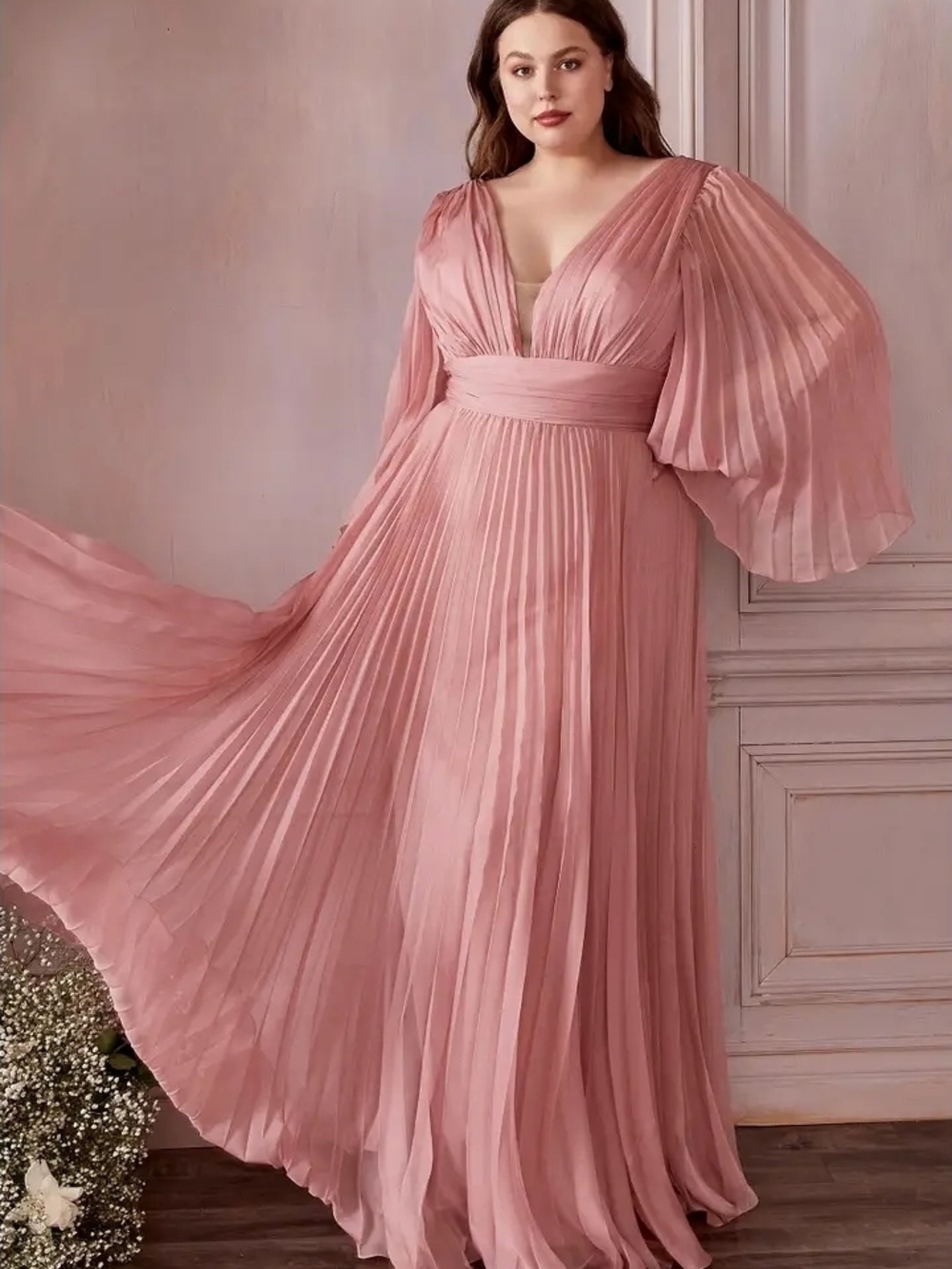 Pleated V-Neck Maxi Prom Dress in Rose Gold